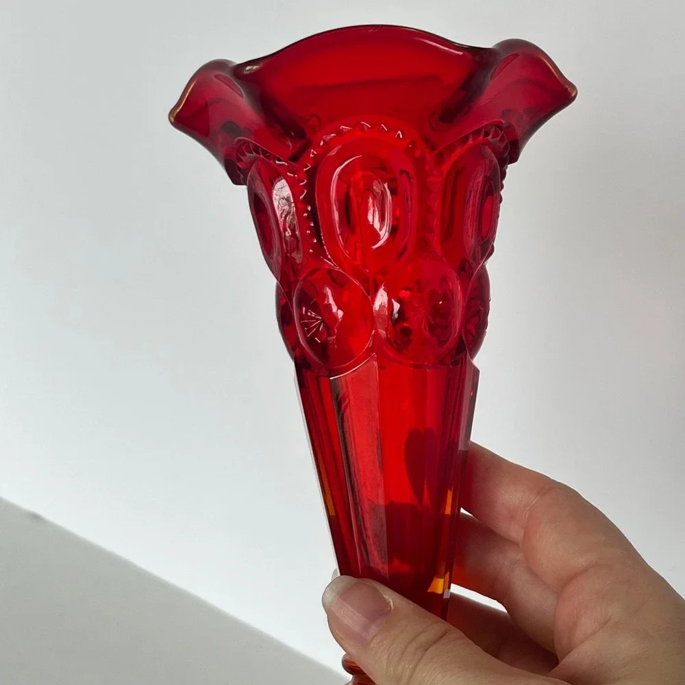 LE Smith Amberina Moon and Star Glass Vase Red Orange Ruffled Pedestal 6.5